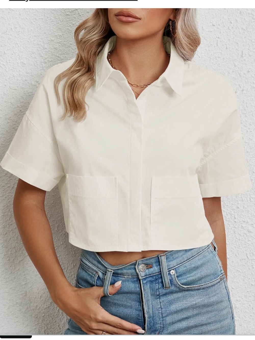 NWOT Tankaneo Cropped Short-Sleeve Button-Front Shirt in Cream, Size Medium
